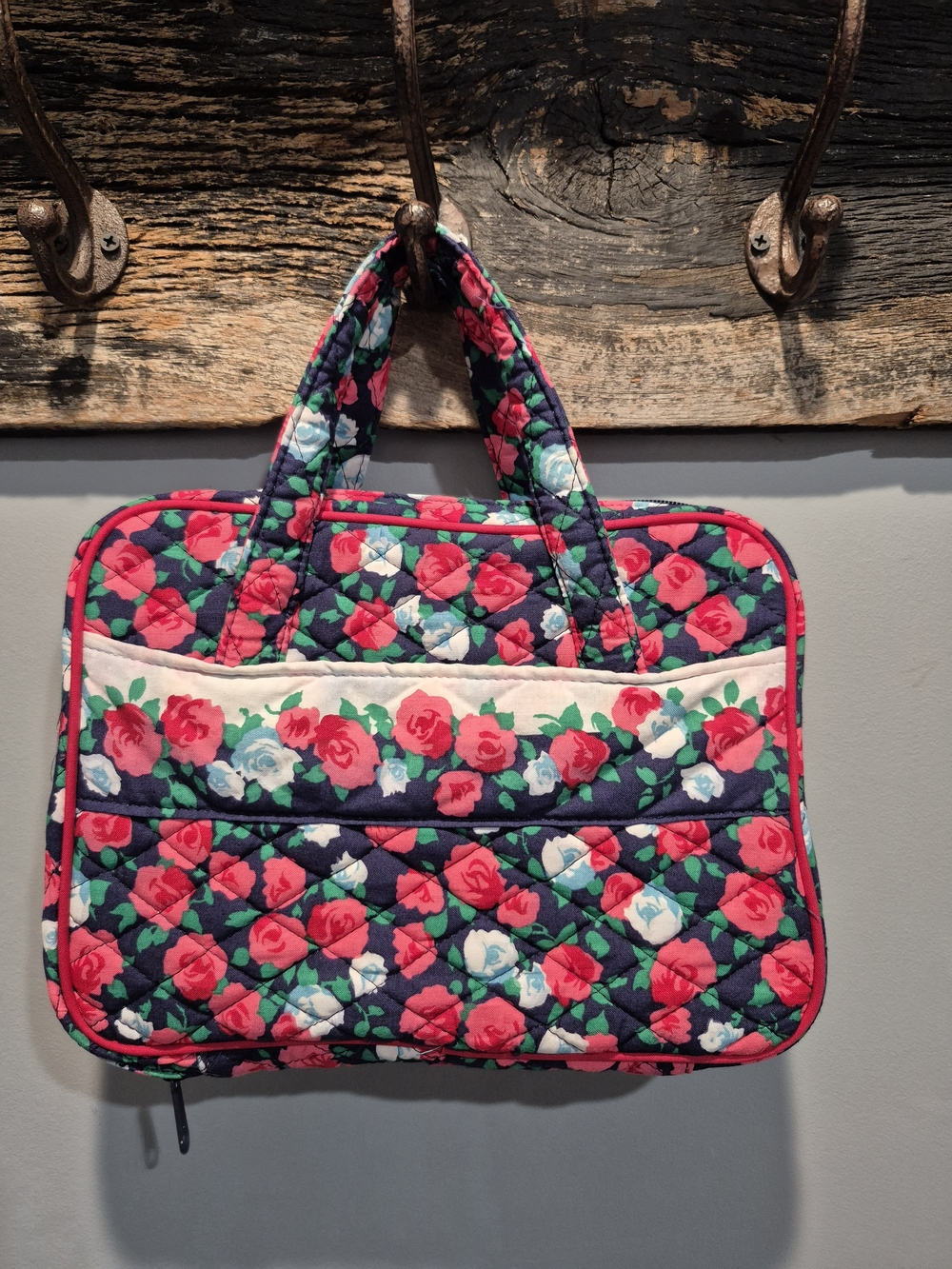 Quilted Floral Laptop/Tablet Tote Bag in Navy and Pink Roses  10" & Under